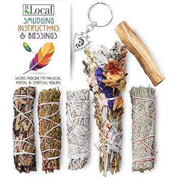 JL Local Ancient Energy 6pc Smudging Kit Sampler: Natural Flower Sage, White Sage, Yerba Santa, Blue Sage, Juniper Sage, Palo Santo Smudge Stick + Instructions & Kokopelli Good Luck Charm!
