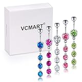 Vcmart 5 pcs Jeweled Belly Button Rings Dangle Surgical Steel 5 Different Colors CZ Navel Rings