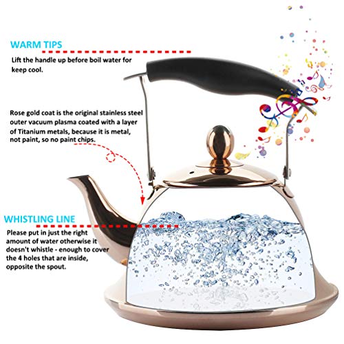 OMGard Whistling Tea Kettle with Infuser Loose Leaf Stainless Steel Teapot Rose Gold Teakettle for Stovetop Induction Stove Top Heat Water Tea Pot Copper 2-Liter 2.1-Quart - Thumbnail 2