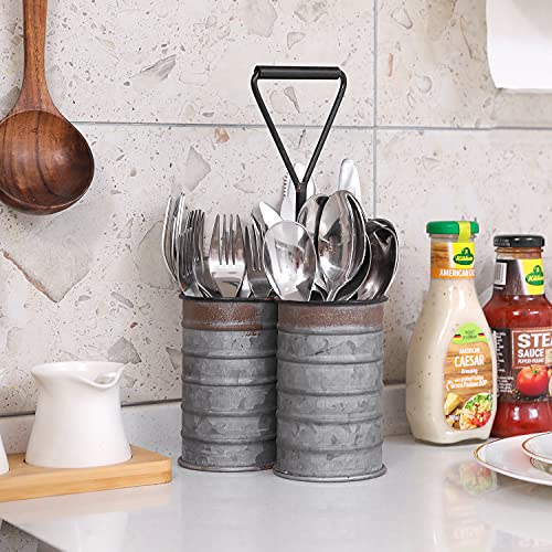 MyGift Galvanized Metal Flatware Holder for Party with Handle, 3