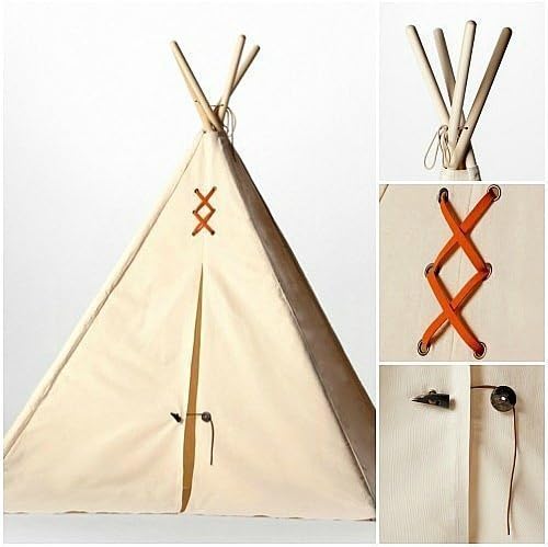 Teepee Play Tent for Kids - Natural Canvas with Orange Suede Straps, Brass Grommets &amp; Horn Buttons. Childrens Teepee. Made in NYC.