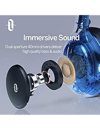 TaoTronics - Auriculares inalámbricos Bluetooth con graves profundos y 25 horas de tiempo de reproducción (almohadillas de espuma viscoelástica, controladores duales de 1.575 in, botones de control de oreja)