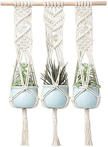 LANGUGU Macrame Plant Hanger with Wooden Dowel Three Tier Wall Hanging Planter Basket for Indoor Outdoor Flower Pot Plant Holder Wall Art Vintage-Inspired Home Boho Decor, Cotton Rope 4 Legs 41 inch