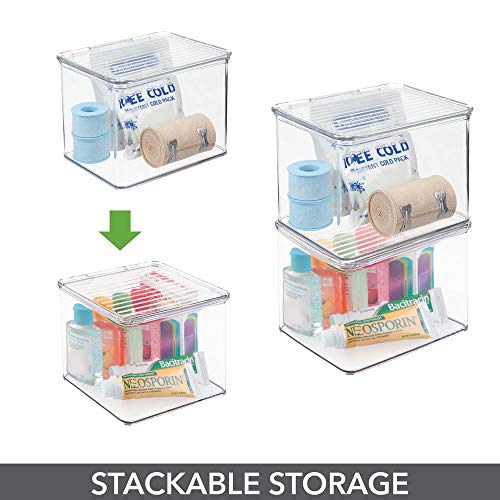 mDesign Stackable Plastic Storage Bin Box with Hinged Lid Organizer for Vitamins, Supplements, Serums, Essential Oils, Medicine Pill Bottles, Adhesive Bandages, First Aid Supplies - Clear