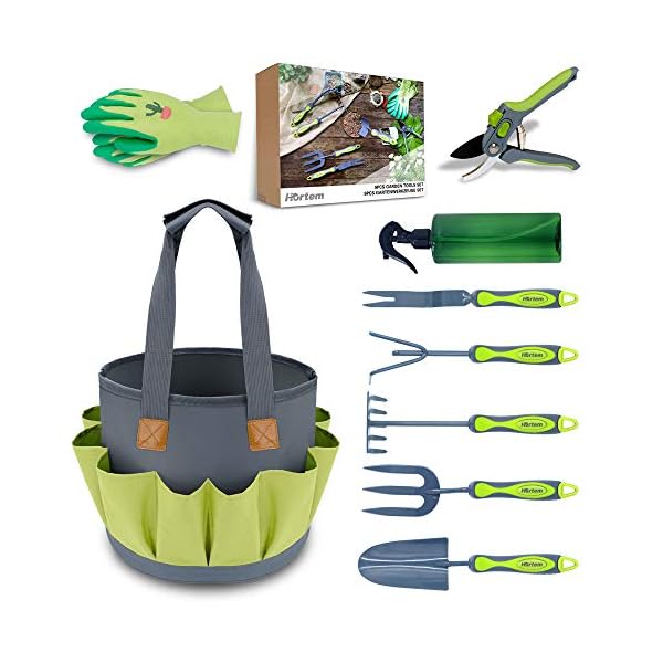 Hortem Garden Tools Set 9pcs Gardening Tools Include Durable Steel Trowel Set Large Garden Tote Bag Garden Gloves And Mytoor