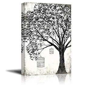 Canvas Wall Art - Abstract Black Tree on Rustic Background with Bird Cages - Giclee Print Gallery Wrap Modern Home Art Ready to Hang - 12x18 inches