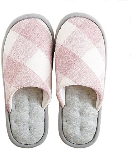 Men Women Soft Indoor Home Slippers Autumn/Winter Grid Memory Foam Anti-Slip Cotton Home Shoes (S=6.5-7.5 US=37-38 EU, Pink)