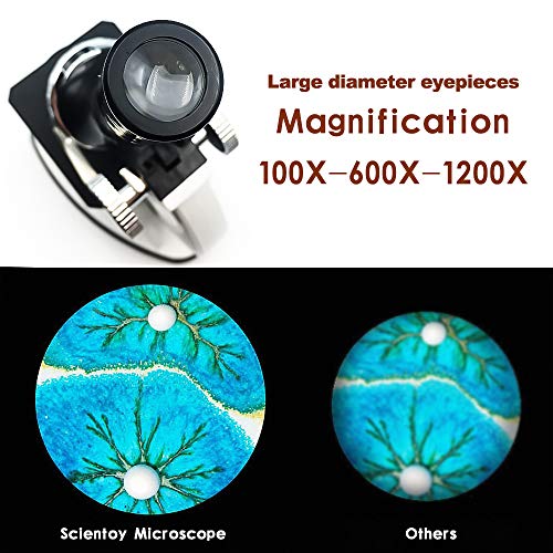 Scientoy kids Microscope with 100X-600X-1200X, 45 pcs Microscope Kit with Large-caliber Eyepiece, 12 Microscope Slides Brine Shrimp Hatchery, Metal Body, LED Light, Phone Holder, Best Science Experime
