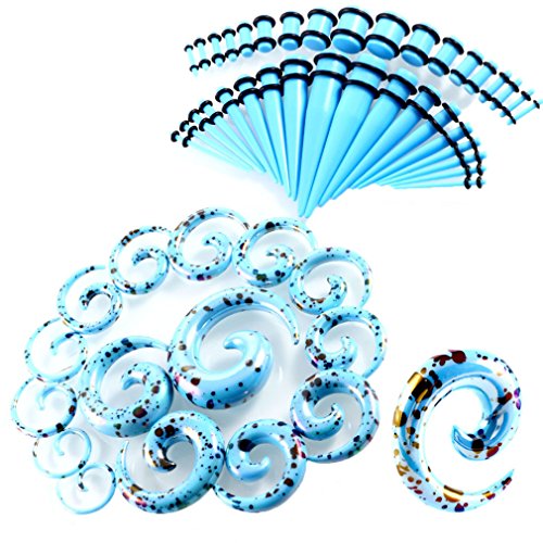 JDXN 52 Pieces Acrylic Gauge Kit Spiral Tapers Tunnels and Plugs 14G-00G Ear Stretching Starter (Light blue spot)