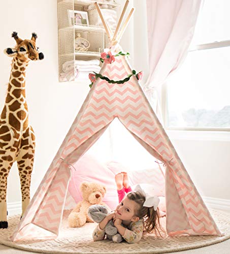 Tiny Land Teepee Tent for Kids - Girls Play Tent Pink Chevron Cotton Canvas Tipi