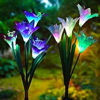 Outdoor Solar Garden Stake Lights - Doingart 2 Pack Solar Powered Lights with 8 Lily Flower, Multi-color Changing LED Solar Decorative Lights for Garden, Patio, Backyard (Purple and White)