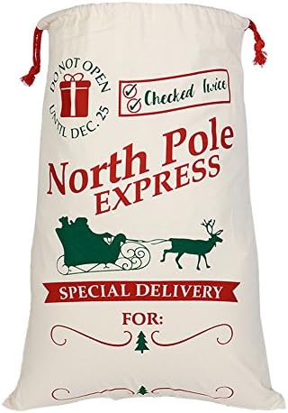 Trelemek Cotton Reusable Christmas Santa Gift Sack with Drawstring Extra Large Present Stocking (5070CM) (North Pole Express)