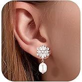 14K Gold Pearl Earrings for Women: Seashell 18K White Gold Plated Small Oval Silver Pearls Dangle Drop Earring for Woman