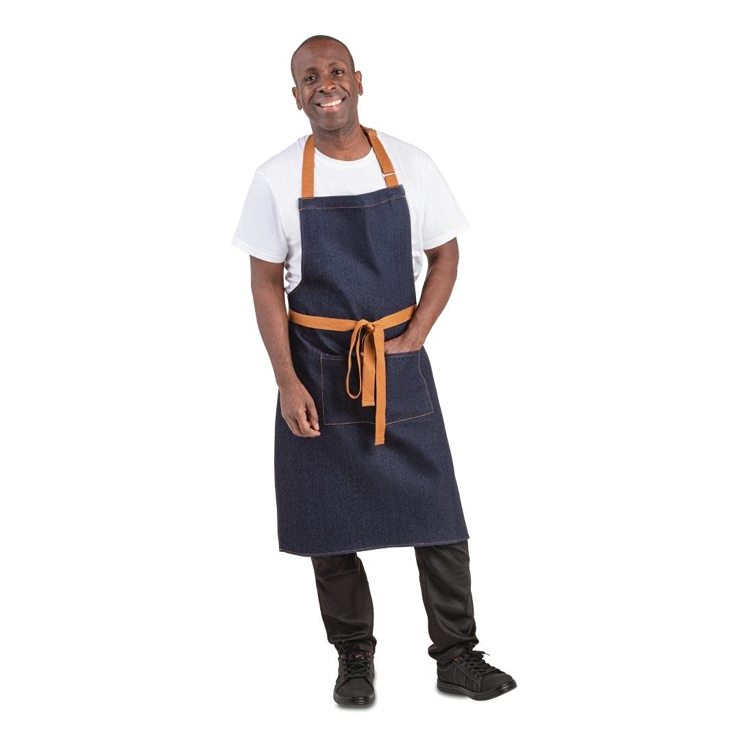 Southside Chef Bib Apron, Denim Blue with Tan Ties - Adjustable Neck Buckle and Straps B980