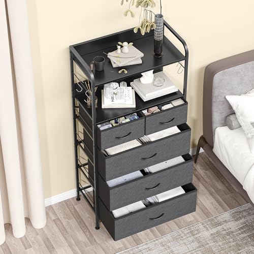 Garvee 5-Drawer Fabric Dresser, Tall Storage Organizer with Metal Frame & Wood Top, Easy Pull Handle Modern Chest of Drawers for Bedroom Hallway Entryway Closet