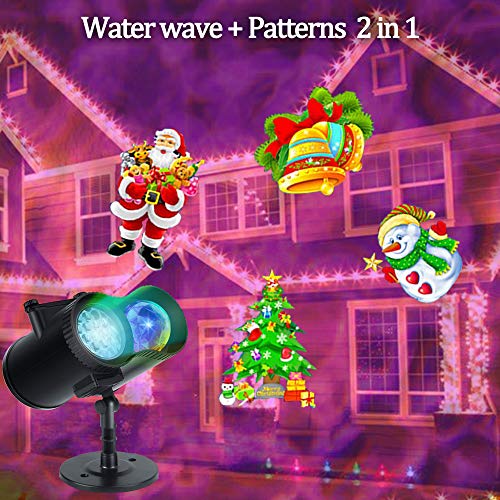 Christmas Projector Light Halloween 2-in-1 Ocean Wave 10 Colors LED Lights with 12 Moving Slides Patterns, Waterproof Outdoor Indoor Landscape Decoration Light Projection for Xmas New Year Theme Party