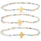 SHINUS BOHO Dainty Cross Gold Tiny Rice Beaded Stack Bracelets Sets for Women，Stackable Colorful Beads Cute Bracelet Healing Stretch Trendy Ball Jewelry Friendship Gift