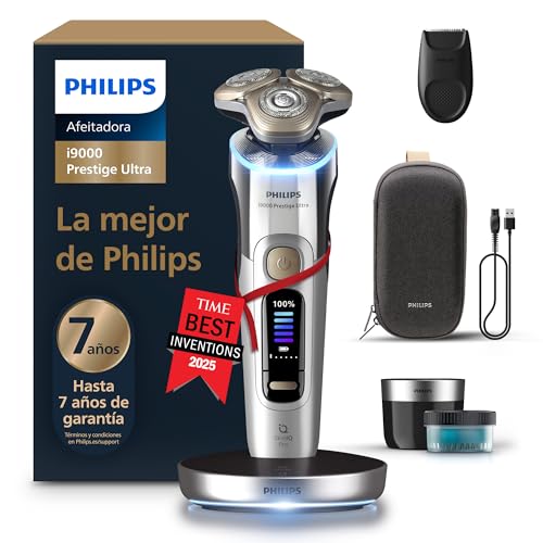 Philips i9000 Prestige Ultra, Afeitadora Eléctrica Hombre, Máquina de Afeitar Barba en Seco y Húmedo, Tecnología SkinIQ Pro, Base de Carga, Recargable, Estuche Premium, Centro de limpieza, XP9404/31