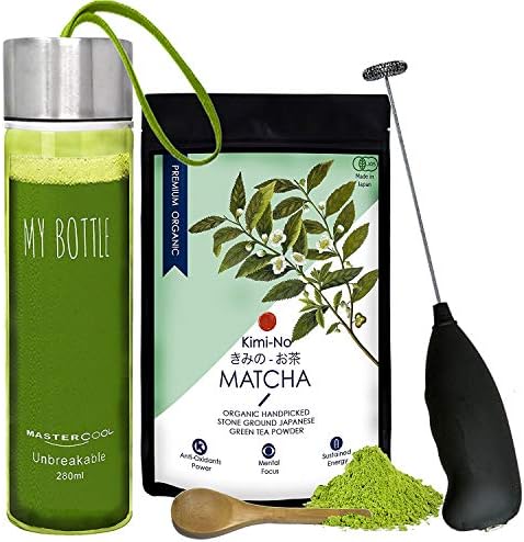 Matcha Tea - Kimino - Organic Matcha Tea - 50 GMS - Holiday Combo Kit- (Recipe EBook + Wooden Spoon + Electric Whisk + Carry Bottle)