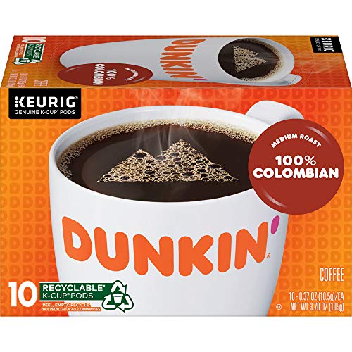 DUNKIN’ 100% COLOMBIAN MEDIUM ROAST COFFEE, 10 KEURIG K-CUP PODS