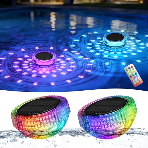 BSgifts Floating Solar Pool Lights, Outdoor LED Floating Pool Lighting with Remote, RGB Color Changing, IP68 Waterproof, Light Sensor Auto ON/Off Suitable for Inground, Above Ground Pools, 2 Pack