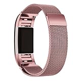 AutumnFall Milanese Stainless Steel Watch Band Strap Bracelet + HD Film for Fitbit Charge 2 (Pink)