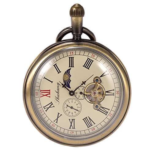 ManChDa Skeleton Pocket Watch - Horizontal Open Face Phases Moon Sun 24-Hour Coper Chain