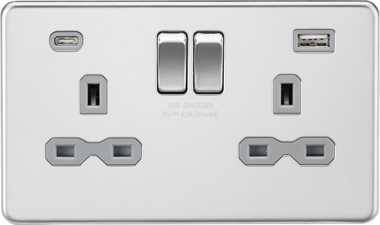 13A 2G SP Switched Socket with Dual USB A+C (5V DC 4.0A shared) - Polished Chrome with Grey Insert