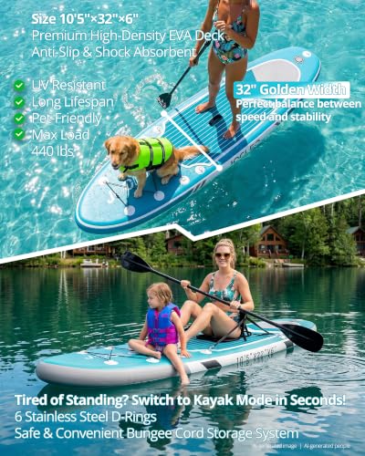 JOOLOOG Inflatable Stand Up Paddle Board with Seat for Adults,32" Wide SUP | 10'6" Inflatable SUP with seat & 4-piece paddle, cooler bag, camera mount, pump, backpack. Perfect for fishing & cruising