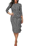Mystry Zone Women's Sexy Bodycon 3/4 Sleeve Polka Dot Ruffles Evening Party Pencil Midi Dress