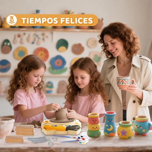 Pottery Lathe for Kids, Complete Ceramic Lathe Set for Beginners, Creative Craft Kit 6+ Years with 3 x Air Drying Clay, Pottery Kit, Gift for Boys and Girls (Cat Motif)