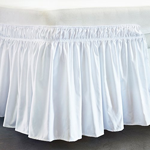Cozylife Three Fabric Sides Wrap Around Elastic Solid Bed Skirt, Easy On/Easy Off Dust Ruffled Bed Skirts 14 Inch Tailored Drop (White,Full/Queen)