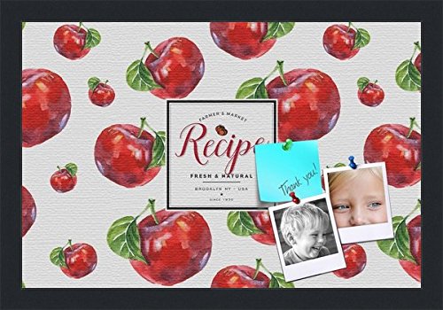 PinPix decorative pin cork bulletin board made from canvas, Recipe Board with Red Apples 18x12 Inches (Completed Size) and framed in Satin Black (PinPix-Group-36)