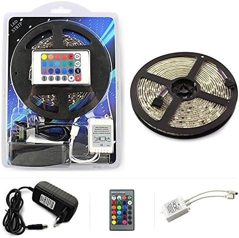 Waterproof RGB LED Strip Light Kit, 16.4FT 5m Color Changing Decoration Flexible Strip Light with 24Keys IR controller + 12V Power Supply, Decoration Lights for Kitchen Bedroom Bars