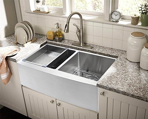 33"x20"x10" Farmhouse Apron Front 16 Gauge Double Bowl Stainless Steel 50/50 Kitchen Sink INCLUDES Grid Set and Strainers SuperSuper