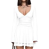 Misng Women's Sexy V Neck Ruffle Hem Mini Dress Long Sleeve Ruched Waist Short Party Dress
