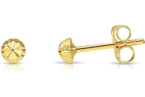 TILO JEWELRY 14K Yellow Gold Half Ball Stud Earrings, Hand Engraved Diamond-cut Half Ball Stud Earrings, 14K Butterfly Push-back Sleeper Earrings
