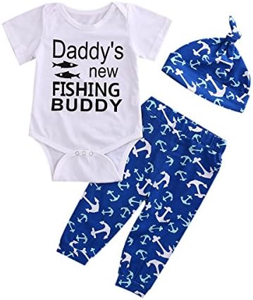 Infant Baby Boy Girl Anchor Pant Set + hat Outfits Sunsuit 3 Piece Clothes Set (6-12M, Blue)