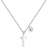 AILAAILA Tiny Cross Necklace for Girls | Heart Initial Necklace Women| Heart Birthstone Necklace | Letter Stainless Steel Pendant Jewelry First Communion Baptism Gifts Christmas Birthday Gifts