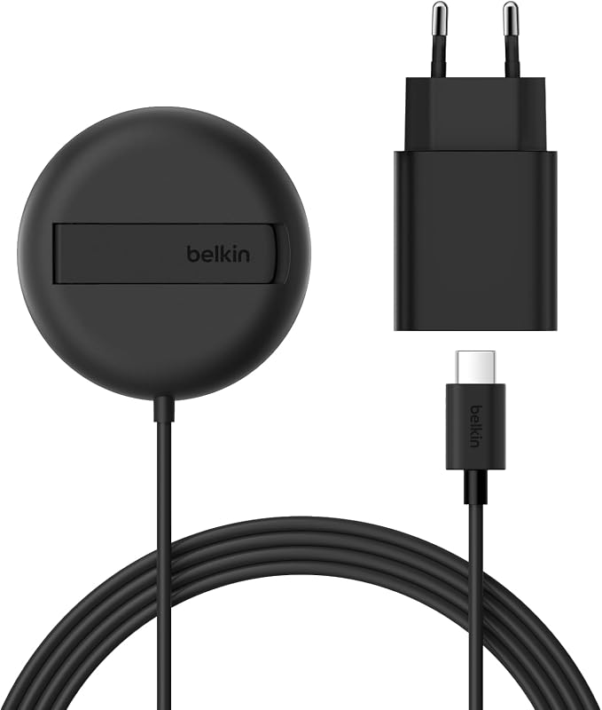 Magnetisches Kabelloses Ladegerät (15W) mit Ständer – zertifiziertes MagSafe Ladegerät, Qi2 Ladestation für iPhone 16, 15, 14, Samsung Galaxy S25, S24, AirPods usw. (mit Netzteil) – Schwarz