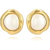 GZJOGO Gold Statement Pearl Stud Earrings for Women, Trendy Geometric Hypoallergenic Earring Jewelry Gift