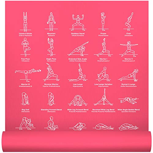 NewMe Fitness Instructional Yoga Mat, Pink, Printed w/ 70 Illustrated Poses, 24″ Wide x 68″ Long, for Women & Men : Non Slip, Eco Friendly PVC, Non Toxic : for Home or Gym : 5mm Thick