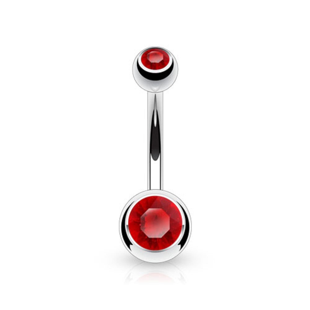 PiercedOff Titanium Belly Bar with Externally Threaded Red CZ Gem Balls - Thickness 14GA (1.6mm) / Length 10mm / Ball Sizes 5mm Top and 8mm Bottom