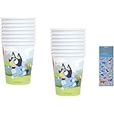 Unique Bluey Birthday Party Supplies Bundle Pack includes 16 Party Paper Cups and 1 Dinosaur Sticker Sheet