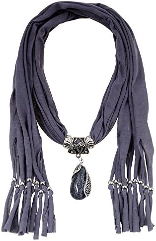 LERDU Gift Idea Indian Pear Shaped Stone Pendant Grey Scarf Necklace Soft Jersey Infinity Scarf Tassel Jewelry for Women