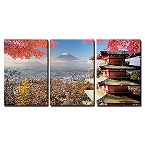 3 Piece Canvas Wall Art - Mt. Fuji with Fall Colors in Japan for Adv or Others Purpose Use - Modern Home Art Stretched and Framed Ready to Hang - 16"x24"x3 Panels