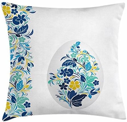 FunnyLife Easter Throw Pillow Cushion Cover, Floral Arrangement with Egg April Celebration Spring Inspirations, Decorative Square Accent Pillow Case Turquoise Yellow Royal Blue
