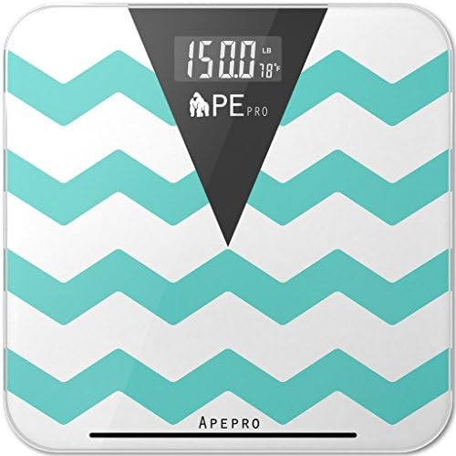 Bathroom Scale, ApePro Chevron Teal Precision Digital Tempered Glass body weight scale w/ 3.5" Extra Large Dual Color Backlight Display Thermometer and Smart Step-on Technology, 400lb/180Kg