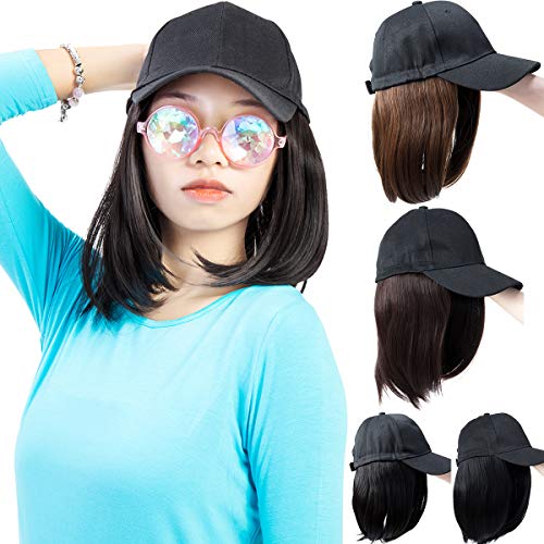 8″ Detachable Baseball Cap With Synthetic Hair Extensions Short Bob Hair Wig Hairpiece with Adjustable Black Baseball Hat