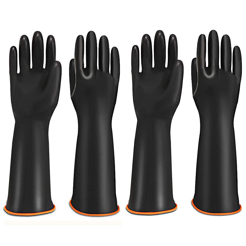LINGHUANG Chemical Resistant Industrial Rubber Protective Gauntlets Gloves Resist Strong Acid 17.7inch,M Size,Black with Orange Lining (2 Pairs)